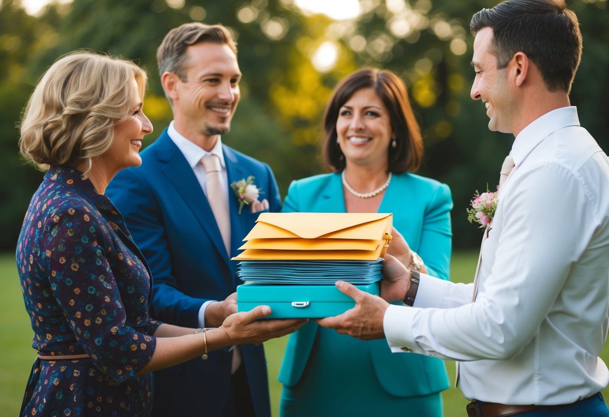 A family presents a stack of colorful envelopes and a small suitcase to a newlywed couple