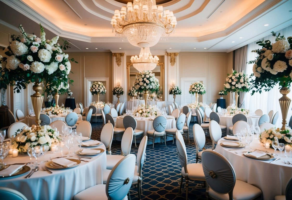 A grand wedding venue with opulent decor, lavish floral arrangements, and elegant table settings