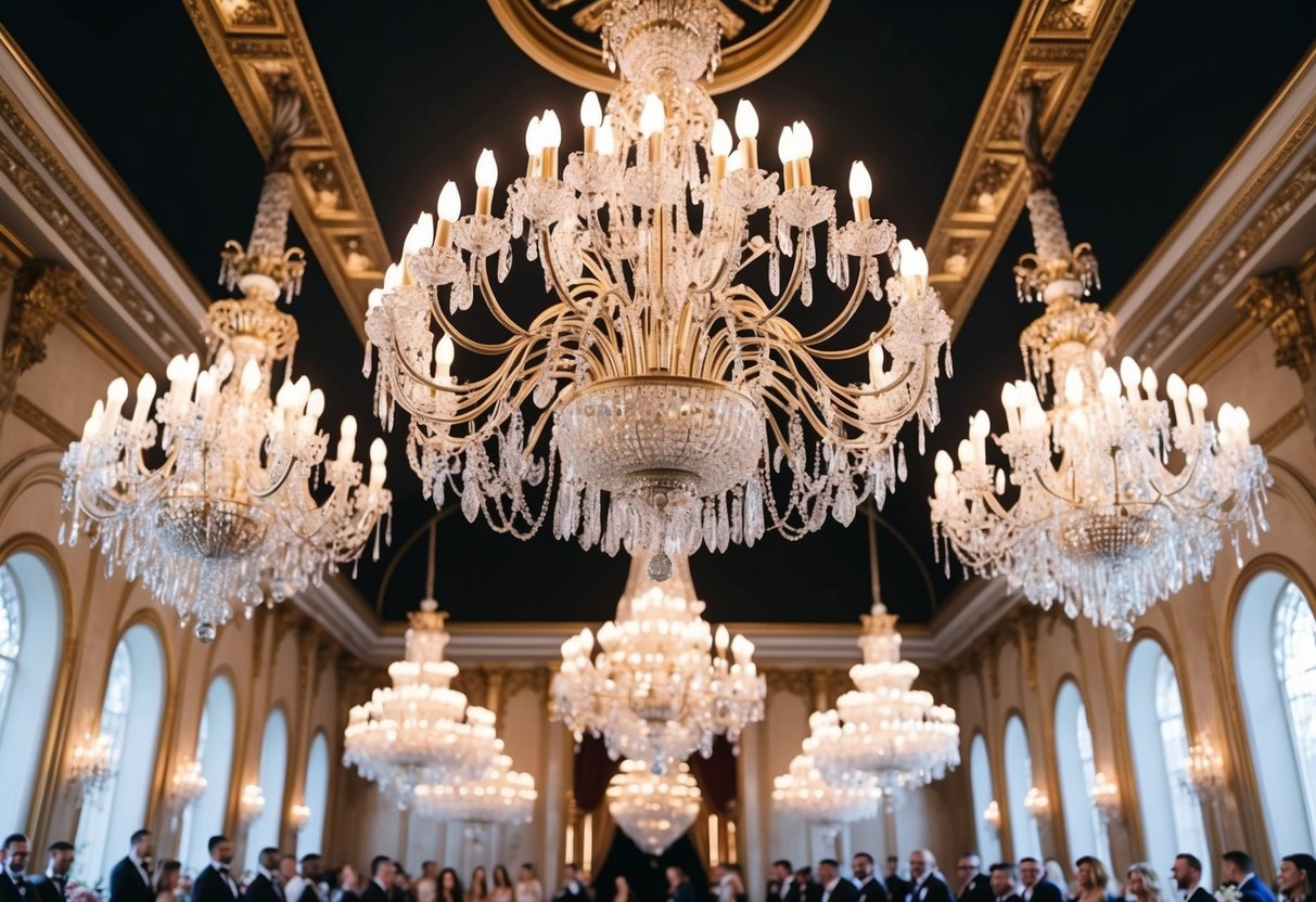 A lavish wedding venue with ornate decorations and grand chandeliers