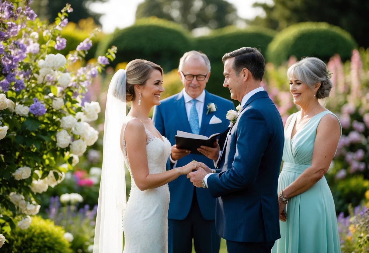 A couple exchanging vows in a garden, surrounded by blooming flowers and a serene atmosphere, with the bride's parents standing nearby, offering their blessings