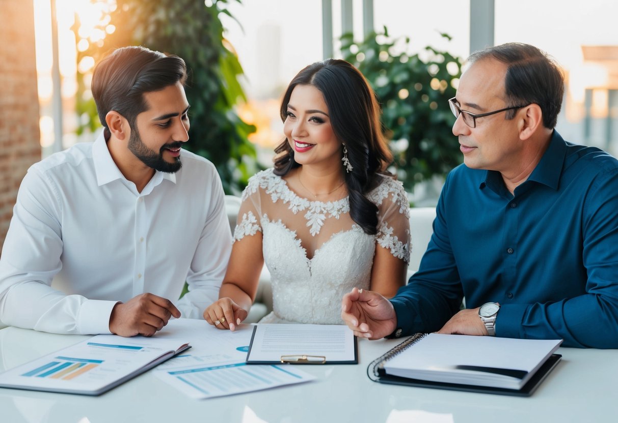 A couple and their parents discussing wedding expenses at a table with financial documents and a wedding planner book