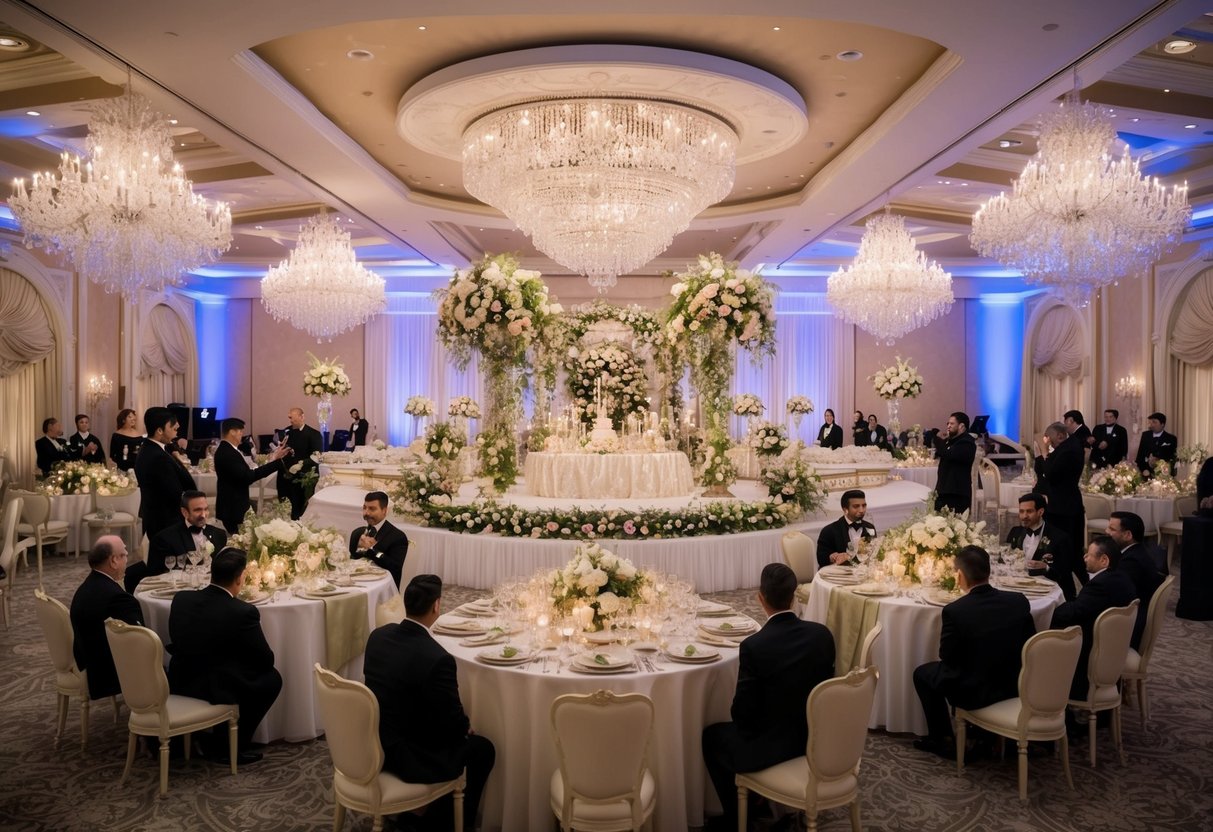 A lavish wedding venue with extravagant decorations and a grand banquet, surrounded by vendors and service providers tallying up costs