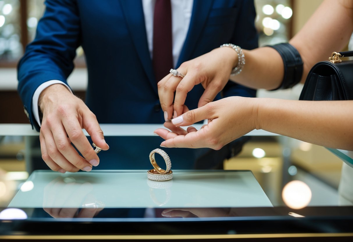 A man's hand places a wedding band on a jeweler's counter, while a woman's hand reaches for her purse