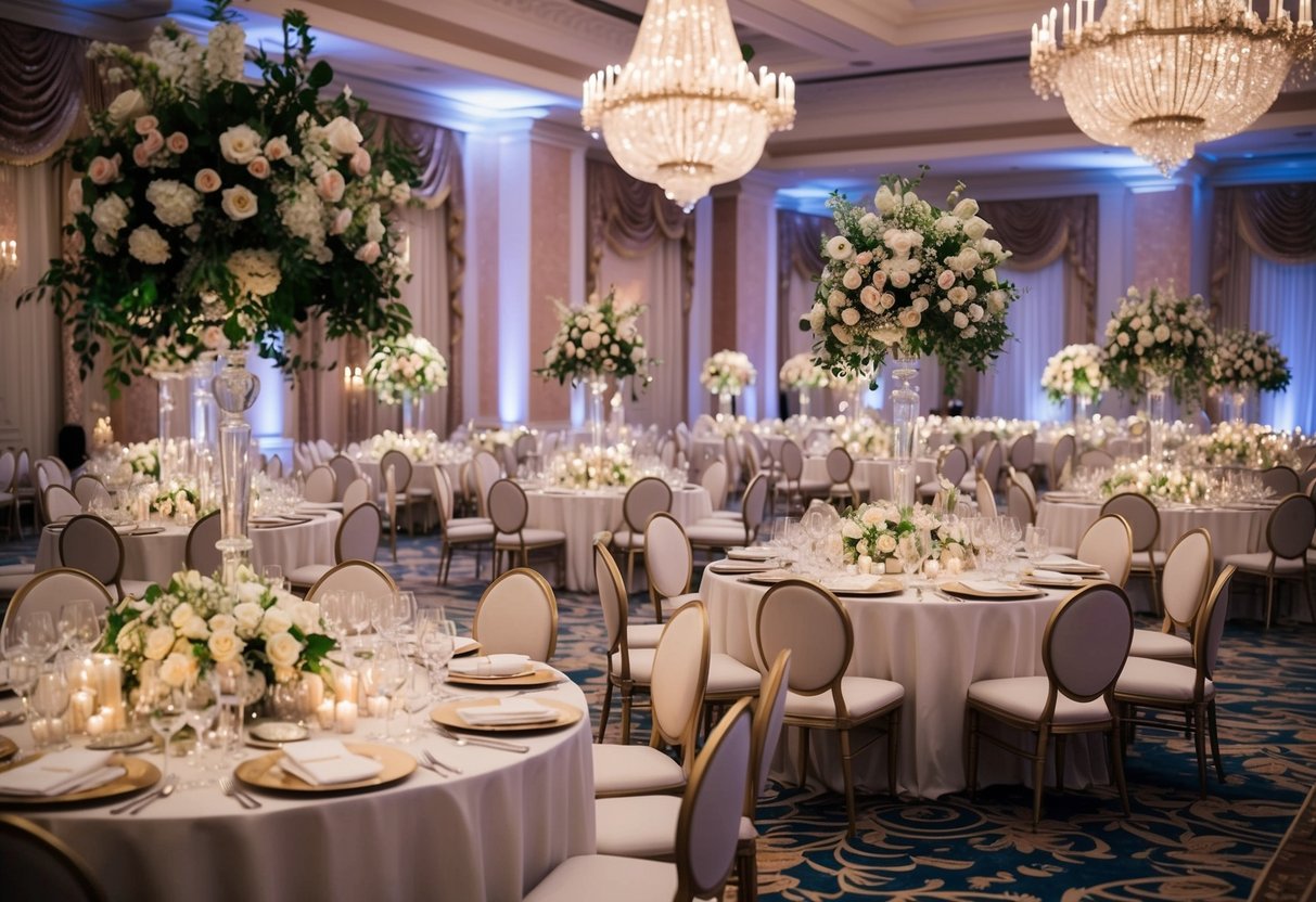 An opulent wedding venue with lavish decorations and a grand banquet hall filled with elegant table settings and extravagant floral arrangements