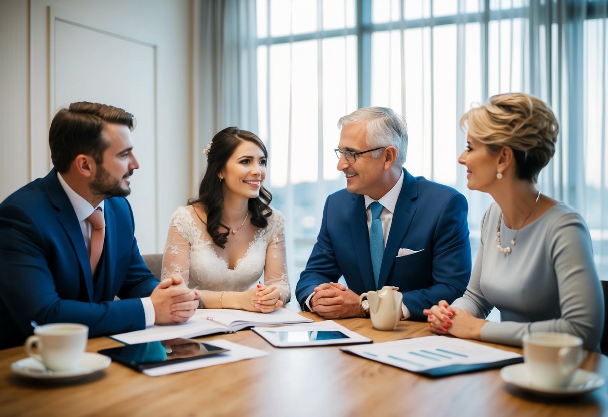 A couple and their parents discussing wedding plans and financial responsibilities