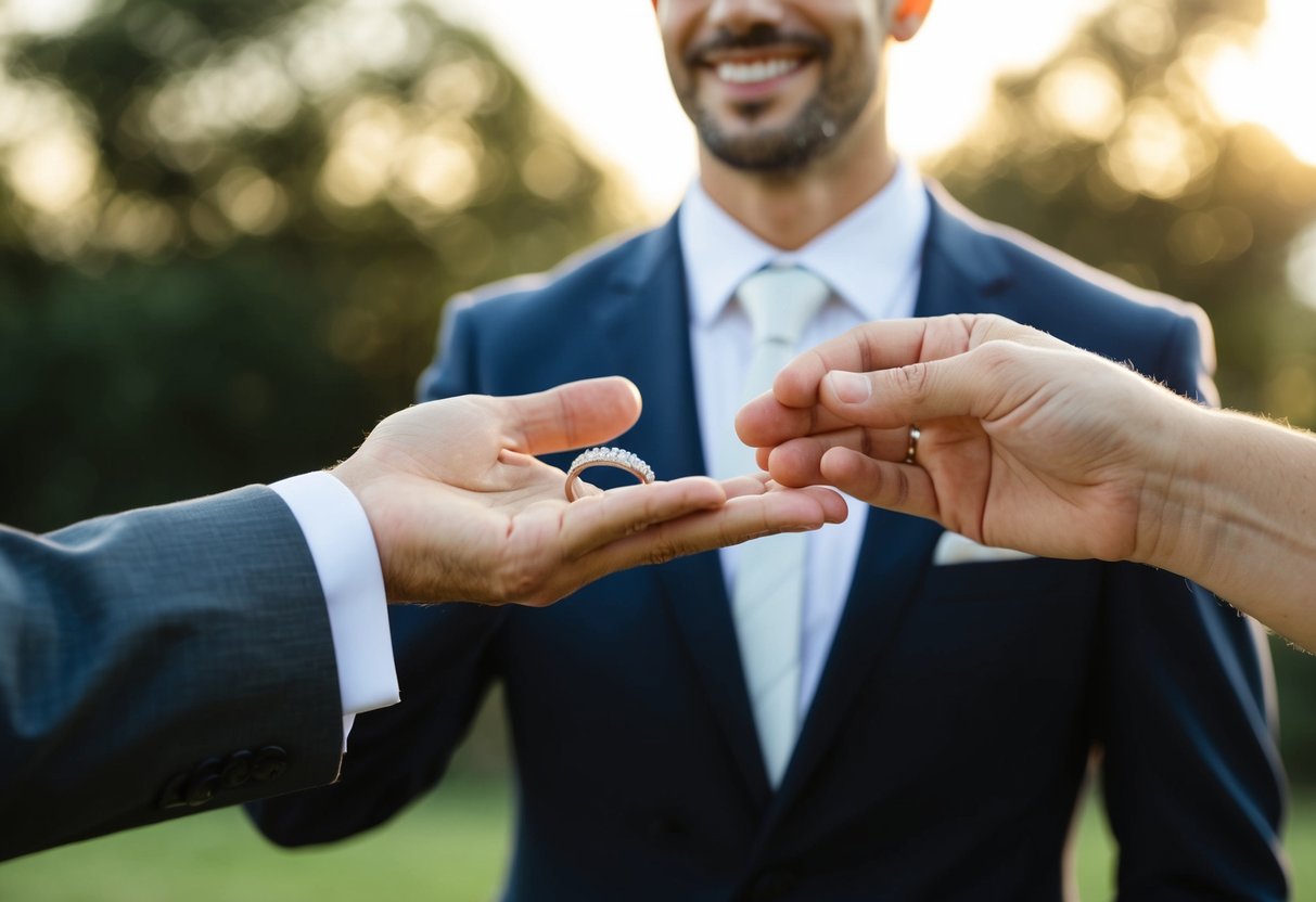 A man's hand holding out a wedding band, while another person's hand reaches out to accept it