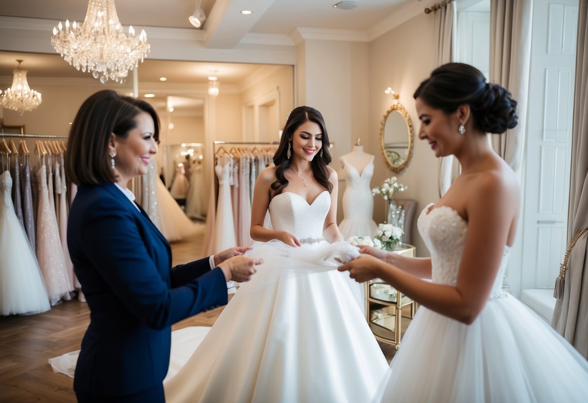A woman purchasing a wedding dress at a luxurious boutique, surrounded by elegant gowns and accessories