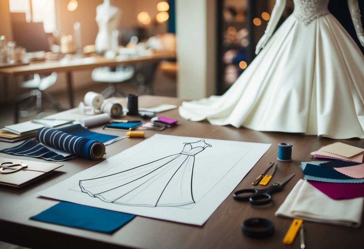 A royal wedding dress design sketch with fabric swatches and a designer's tools scattered on a table