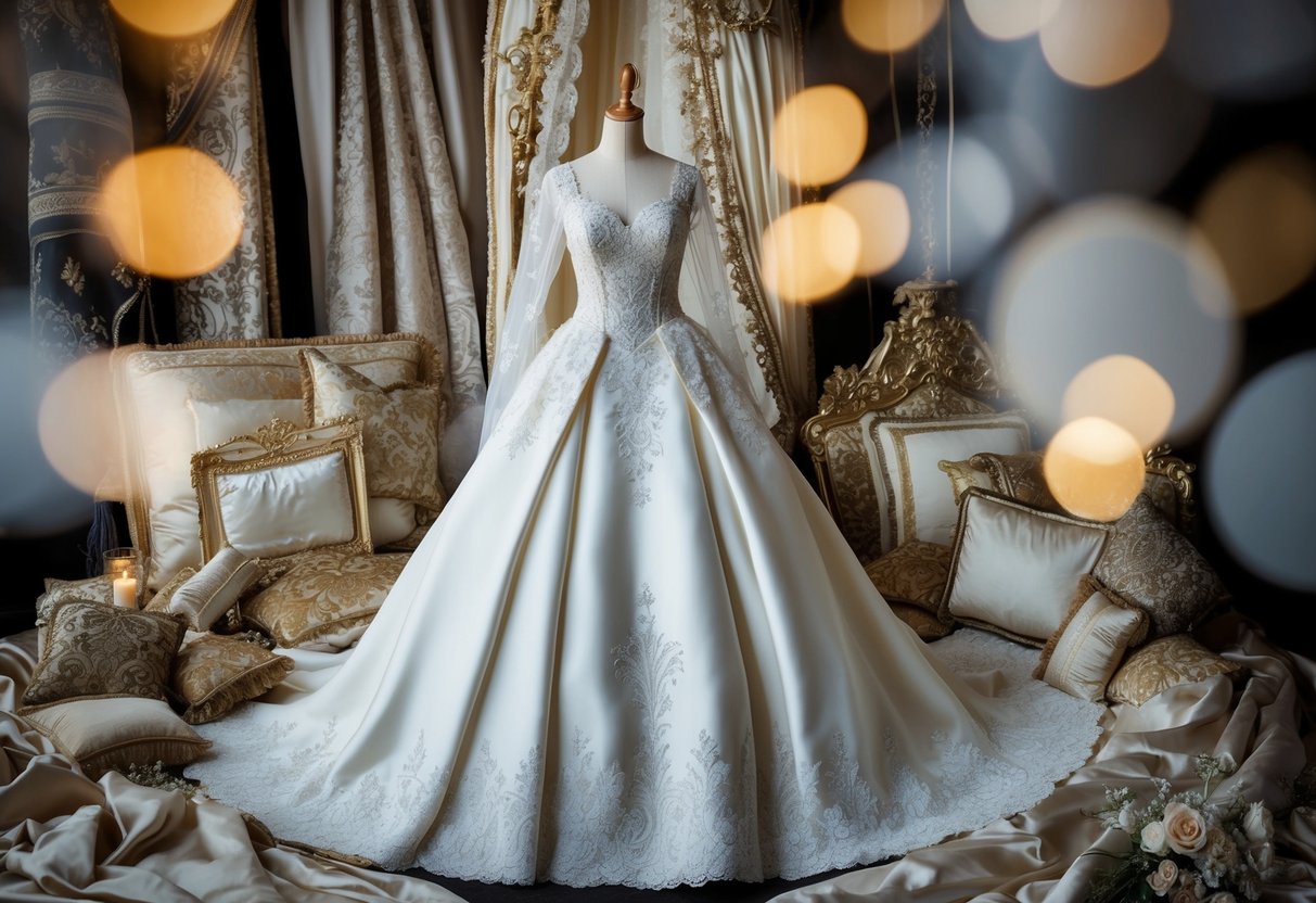 A regal wedding gown surrounded by luxurious fabrics and intricate details, symbolizing the financial considerations of Meghan Markle's wedding dress