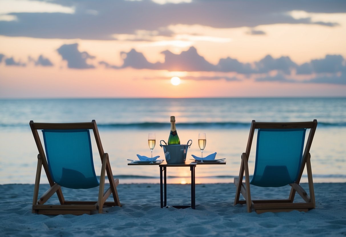 A tranquil beach at sunset with two beach chairs facing the ocean, a bottle of champagne chilling in a bucket of ice, and a romantic dinner set up on a small table