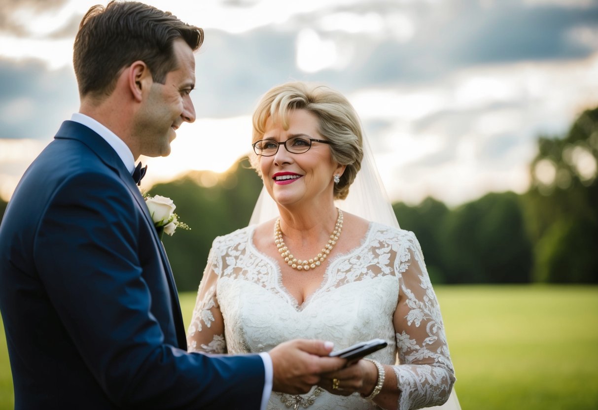 The groom's mom contributes to the wedding by paying for specific expenses, such as the rehearsal dinner, her own attire, and possibly the honeymoon