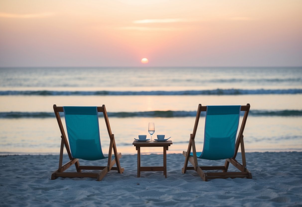 A serene beach at sunset, with two beach chairs facing the ocean and a small table set for two, symbolizing the romantic and relaxing nature of the honeymoon phase