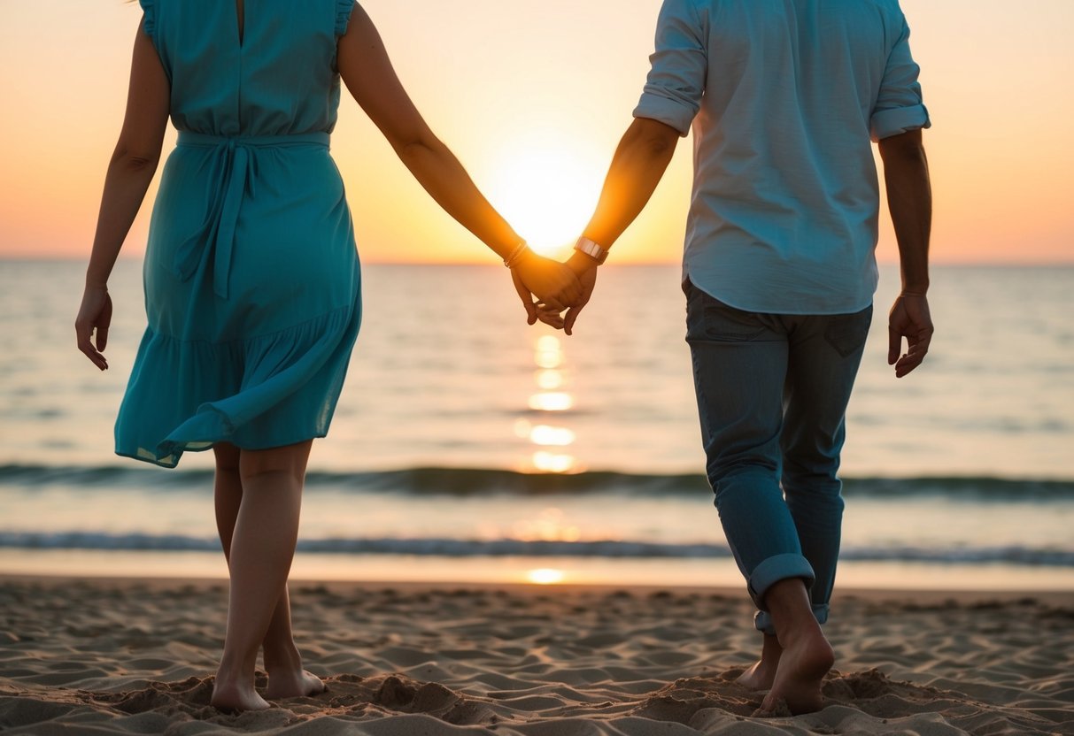 A couple walking hand in hand on a sandy beach at sunset, with a calm ocean in the background and a warm, orange sky above