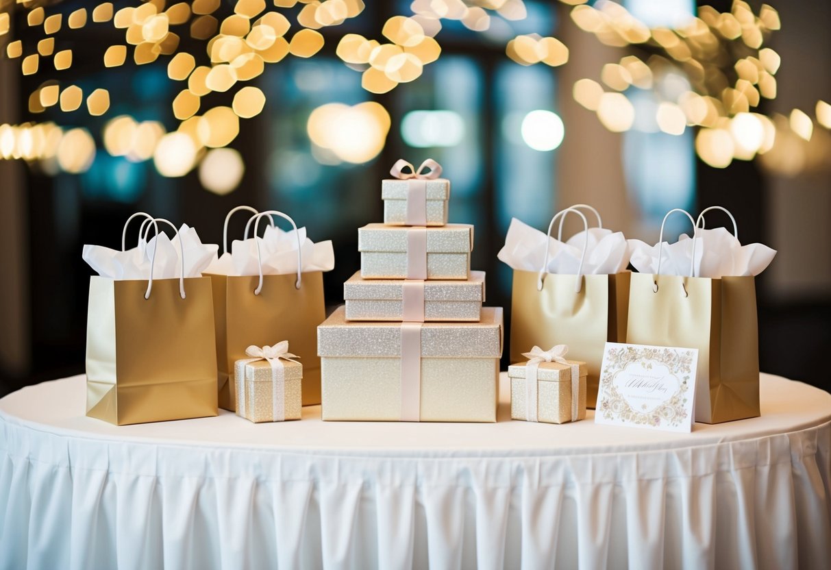 A beautifully decorated wedding gift table with an array of wrapped presents, elegant gift bags, and a decorative card box