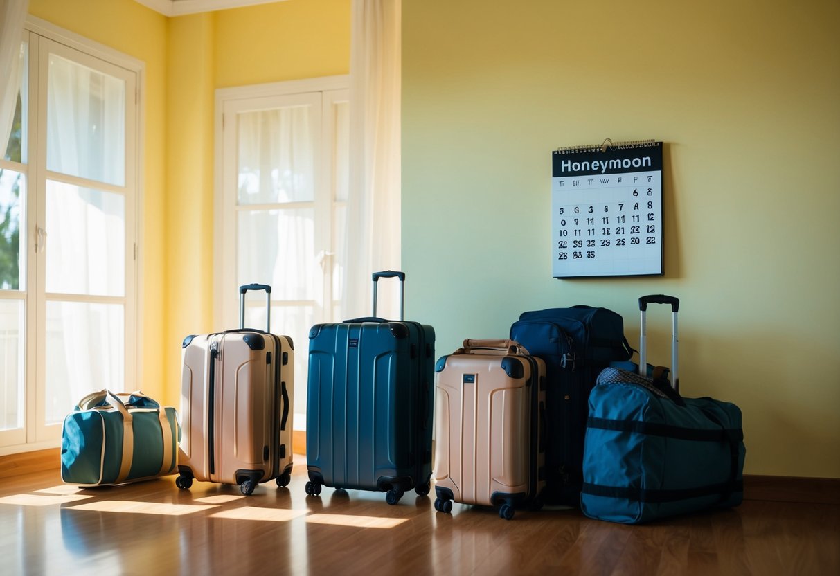 A couple's suitcases and travel gear lie abandoned in a sun-drenched room, while a calendar on the wall marks the end of the honeymoon