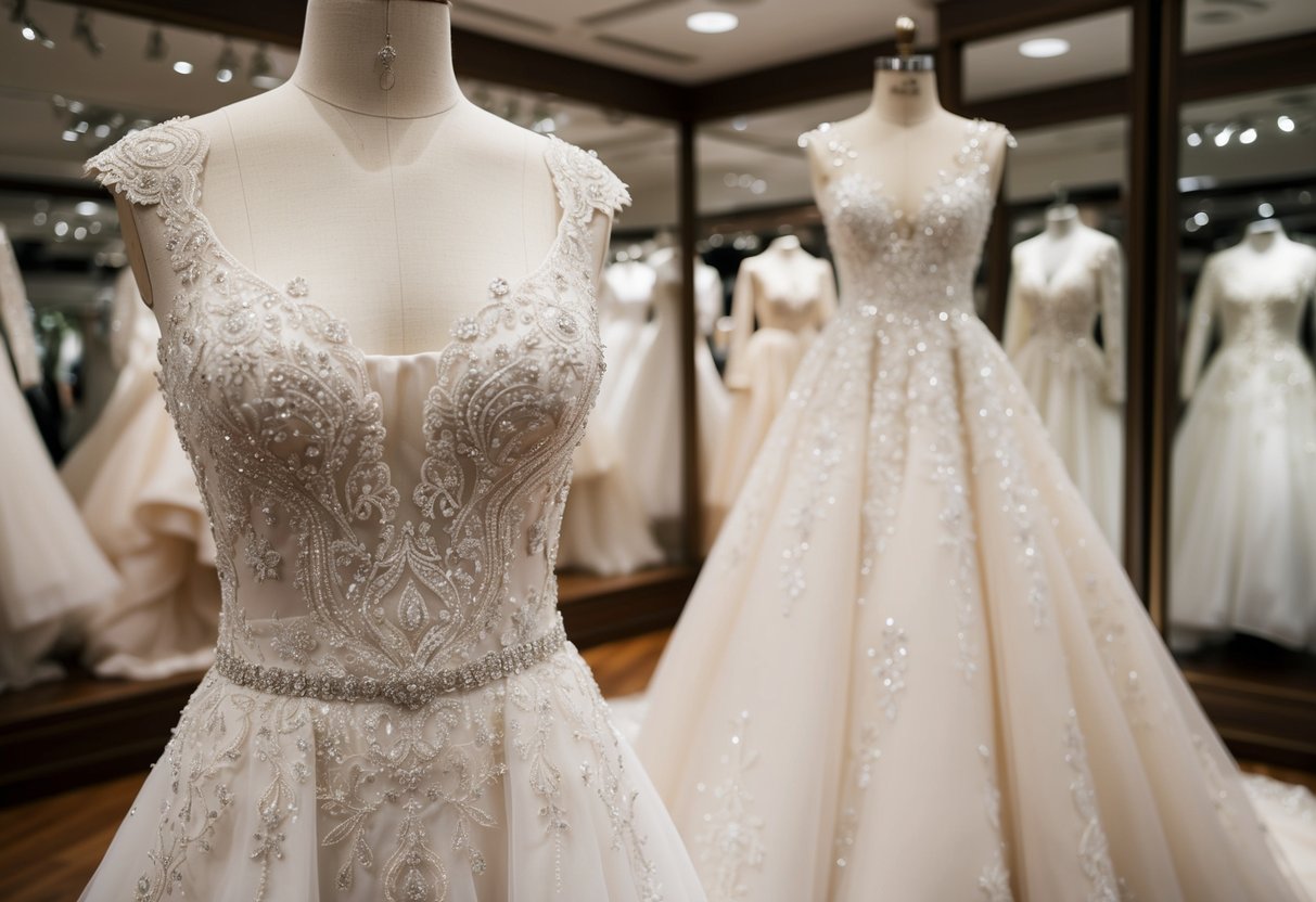 A luxurious wedding dress displayed in a high-end boutique, adorned with intricate lace, sparkling embellishments, and delicate beading