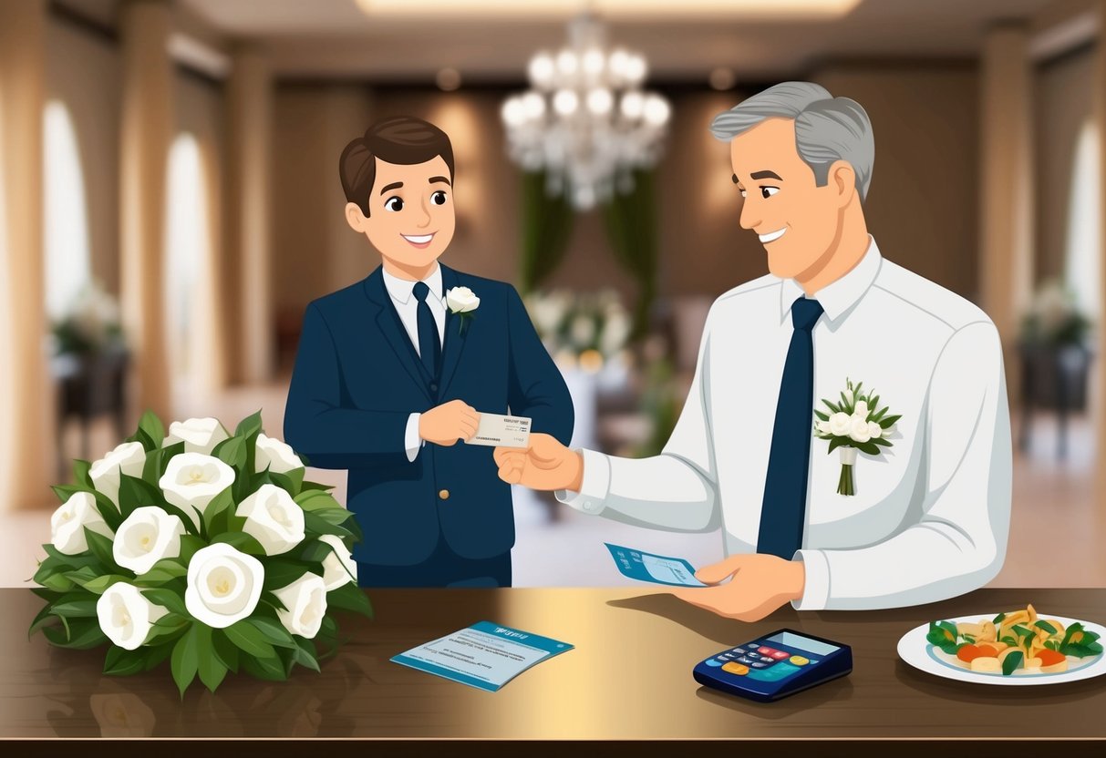 The father of the bride pays for the wedding venue, catering, and decorations. An illustration could show a man handing over a check or using a credit card to make payments for these expenses