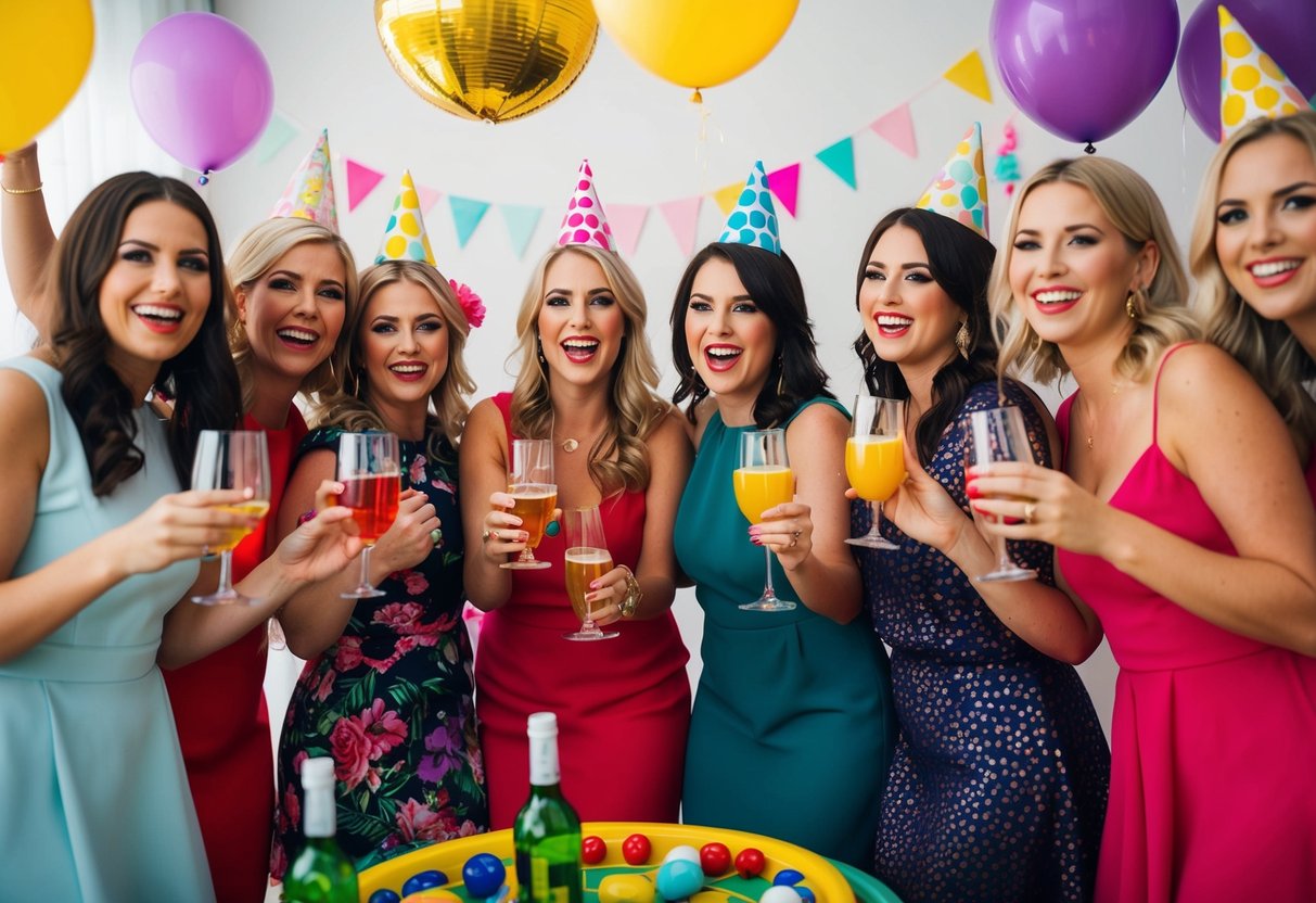 A group of women celebrating with decorations, drinks, and games at a lively hen party