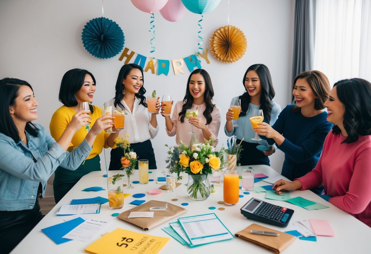 A group of women celebrating with decorations, drinks, and activities, with cost-related items such as receipts, bills, and a budget planner scattered around
