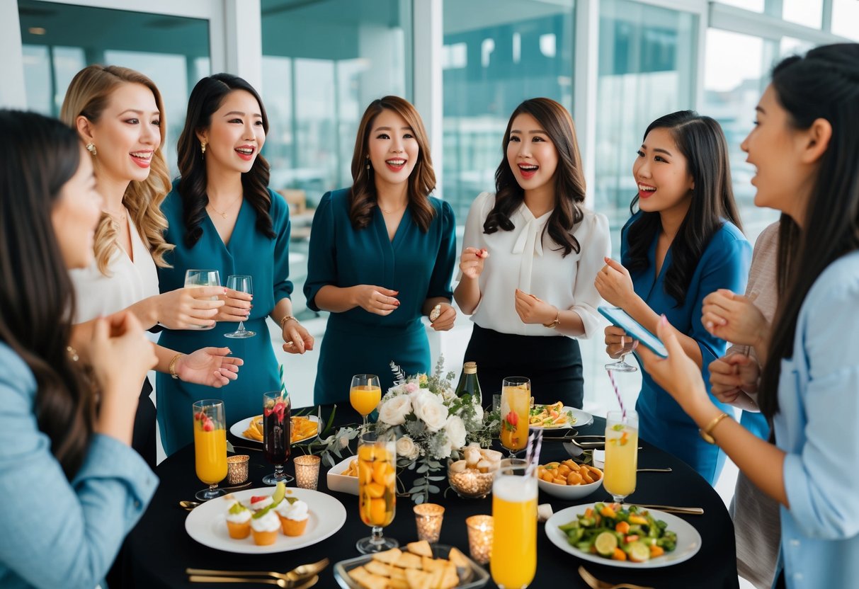 A table with various items such as decorations, drinks, food, and entertainment, surrounded by a group of excited women discussing expenses