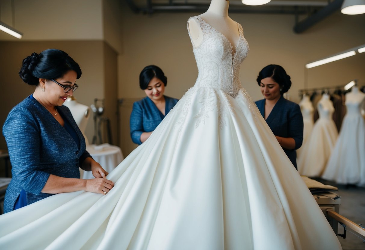 A regal wedding dress being carefully crafted by skilled seamstresses