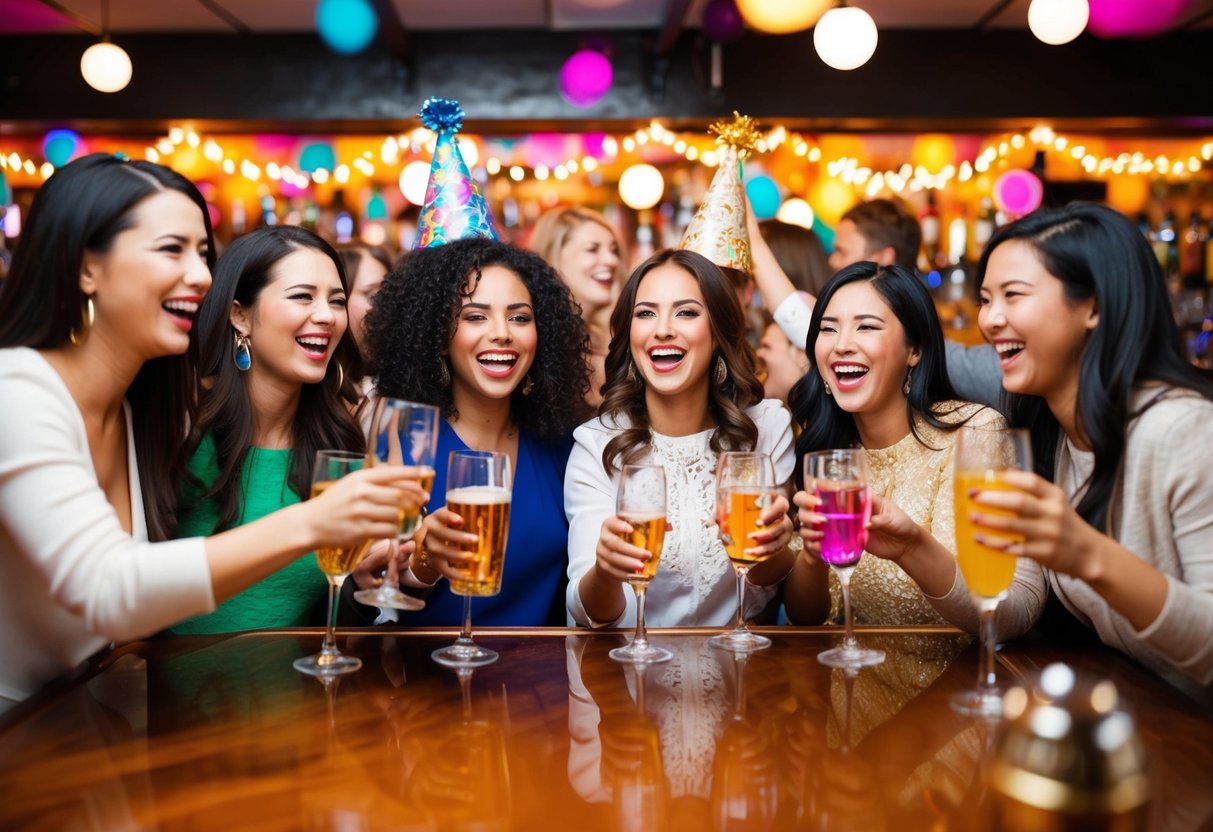 A group of women celebrating at a lively bar, adorned with colorful decorations and surrounded by laughter and clinking glasses