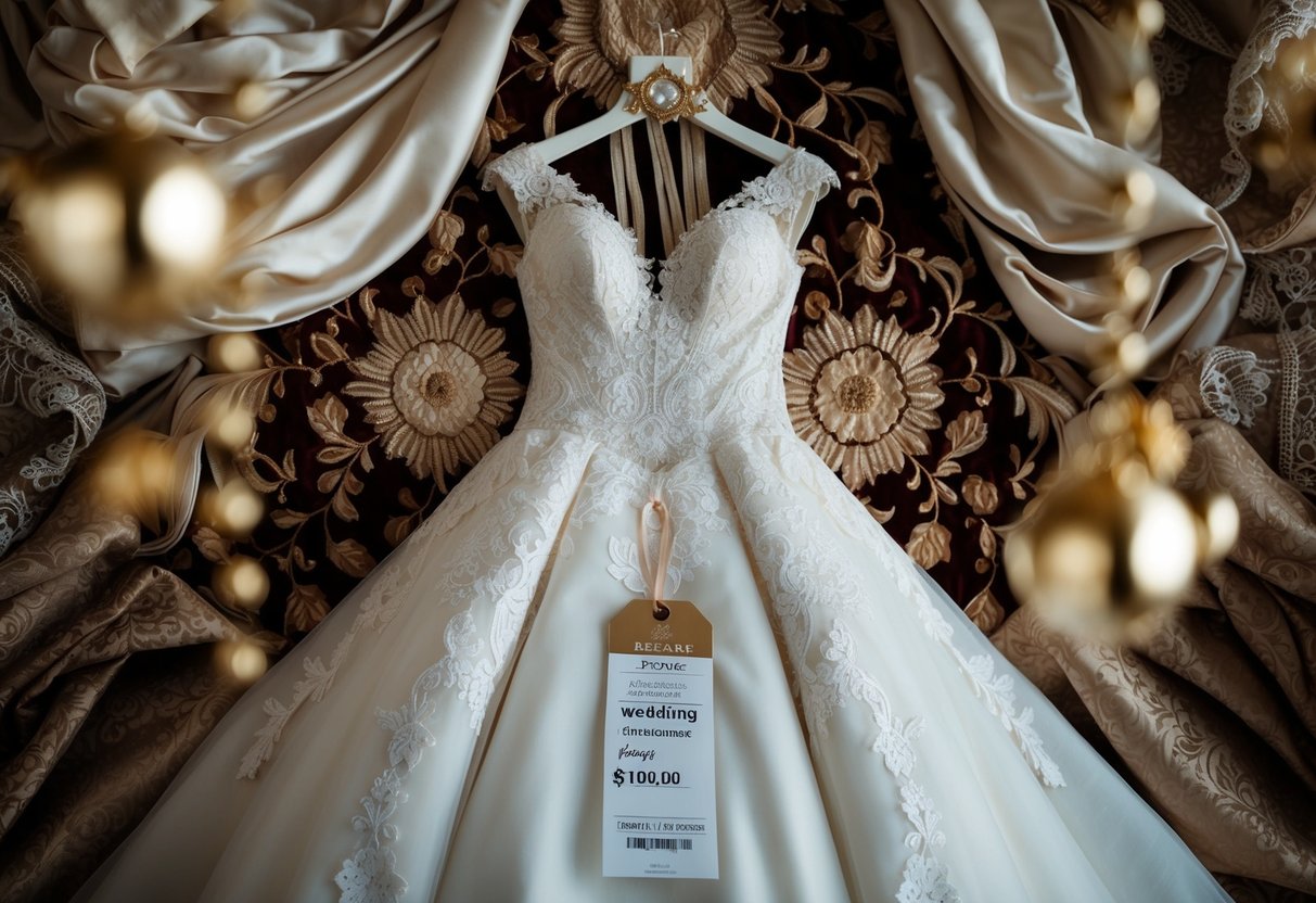 A regal wedding gown surrounded by opulent fabrics and intricate lace details, with a price tag prominently displayed