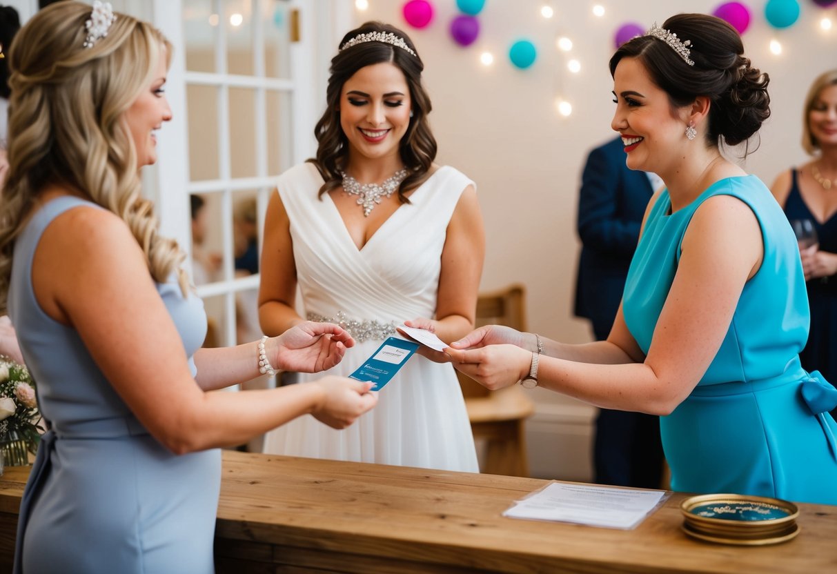 A maid of honor handing over payment for a hens party to a vendor