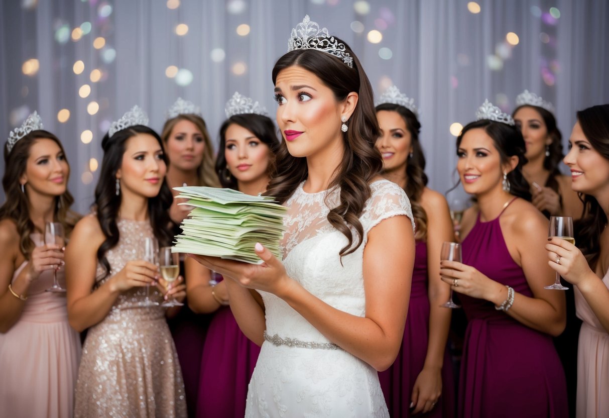 A maid of honor holding a stack of bills and looking puzzled while standing in front of a group of women at a bachelorette party