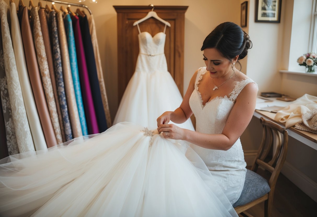 A wedding dress being carefully crafted by a seamstress in a cozy UK studio, surrounded by bolts of luxurious fabric and delicate lace