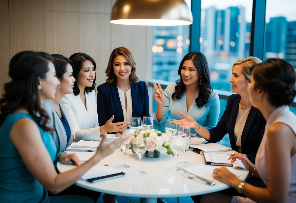 A group of women gather around a table, discussing and gesturing about wedding plans and expenses