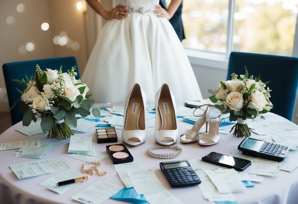 A table covered in bridal party expenses: dress, shoes, makeup, jewelry, and a bouquet. Receipts and bills scattered around