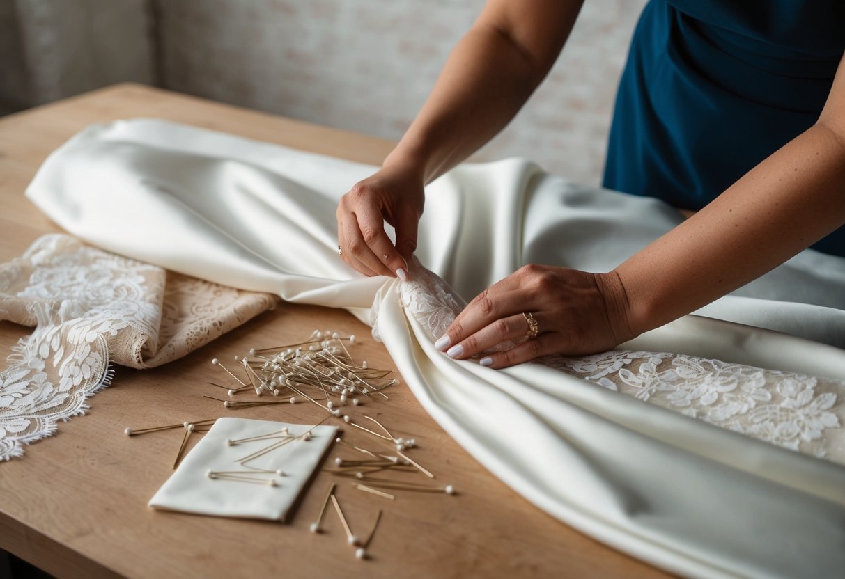 A seamstress carefully measures fabric for a bespoke wedding dress. Pins and needles lay scattered on the work table, while swatches of lace and silk drape over the dress form