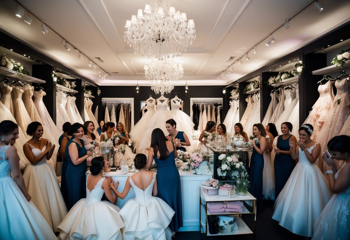 A crowded wedding boutique with extravagant dresses and accessories on display, surrounded by busy salespeople and overwhelmed bridesmaids