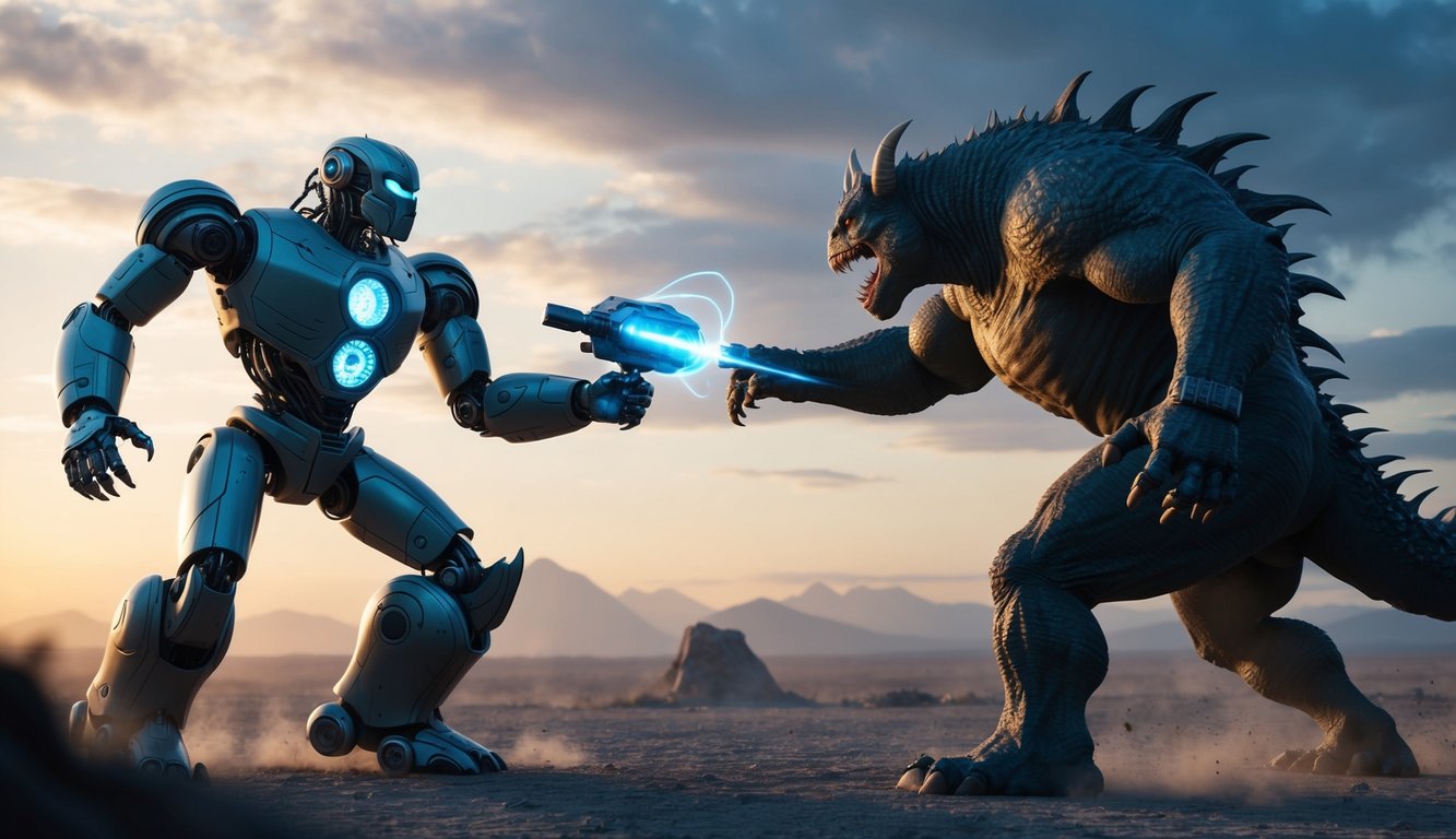 A fierce monster (MonsterInsights) battles a futuristic robot (Google Site Kit) in a digital landscape