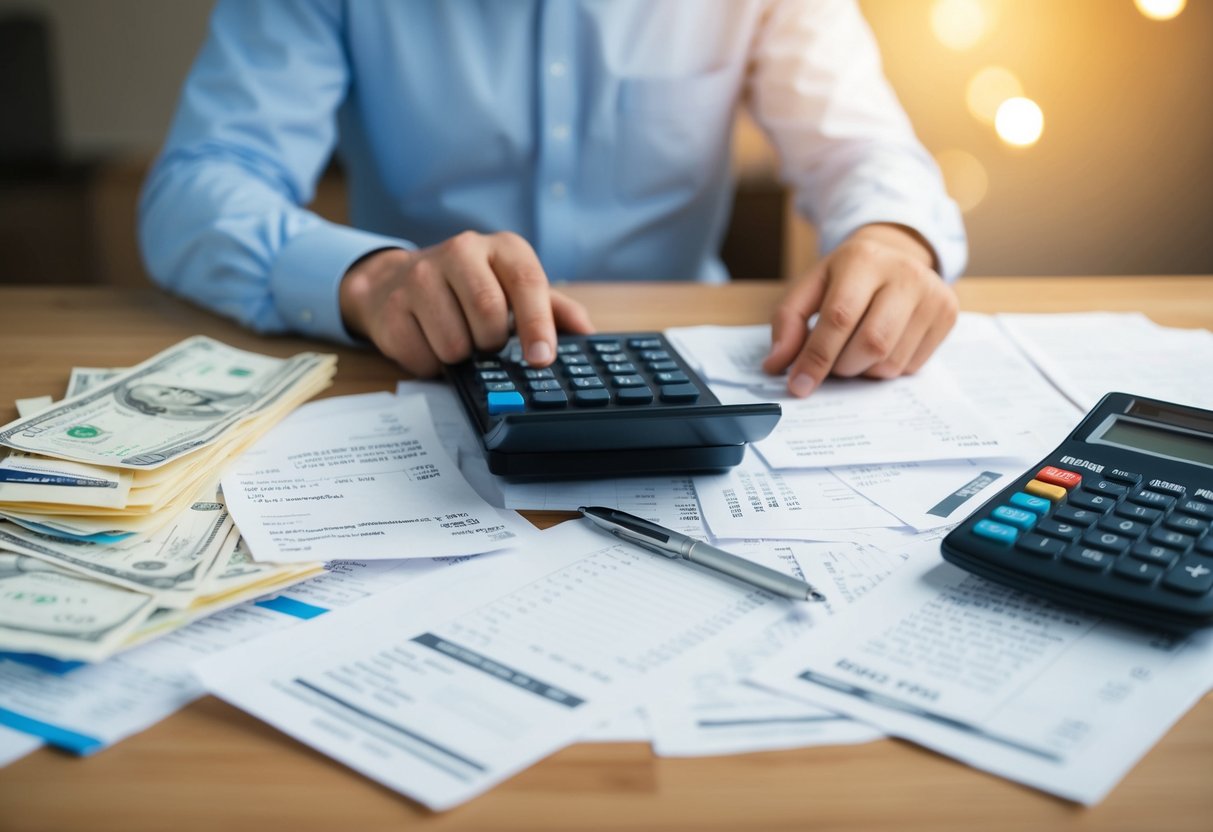 A table covered with receipts, bills, and a calculator. A worried person staring at the numbers
