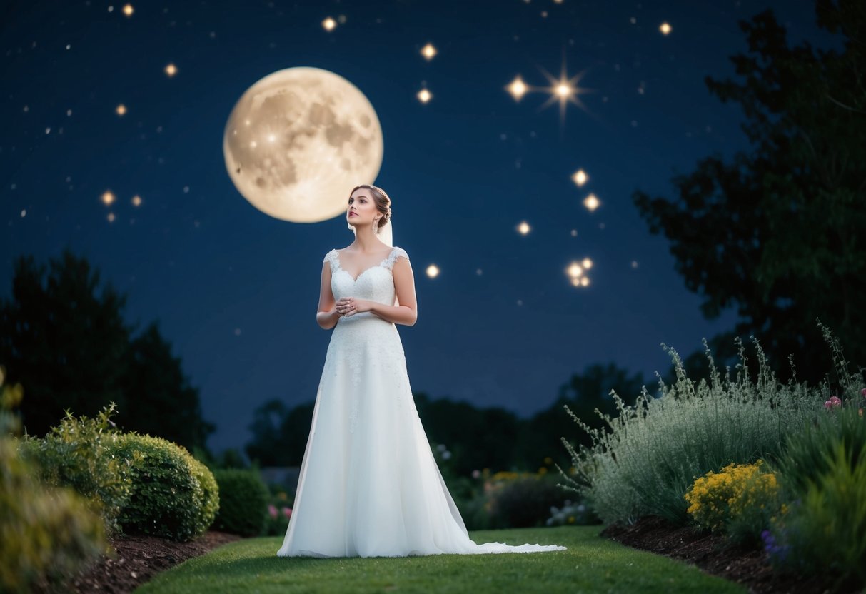 A bride stands in a moonlit garden, gazing at the stars with a worried expression