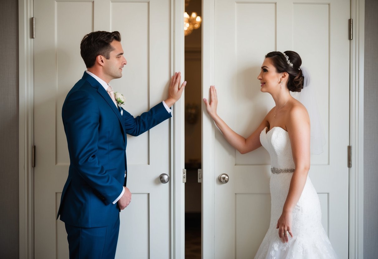 A bride and groom stand on opposite sides of a closed door, reaching out to touch it with hesitant expressions