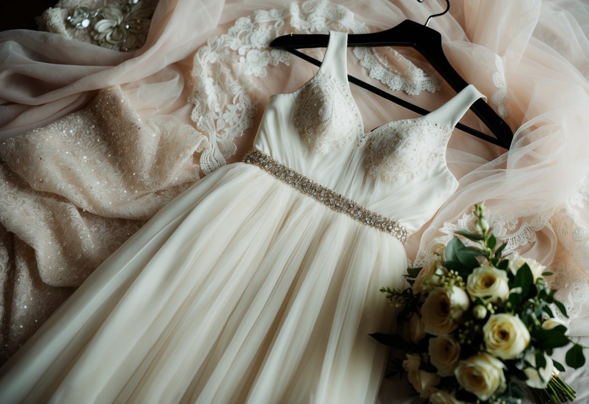 A flowing dress hangs on a hanger, surrounded by delicate lace and shimmering fabric. A bouquet of flowers sits nearby, adding a touch of elegance to the scene