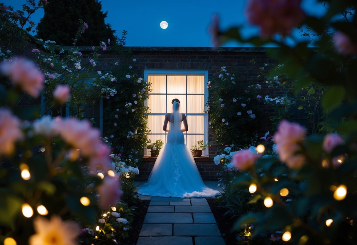 A moonlit garden with a bride's silhouette visible through a window, surrounded by blooming flowers and twinkling lights
