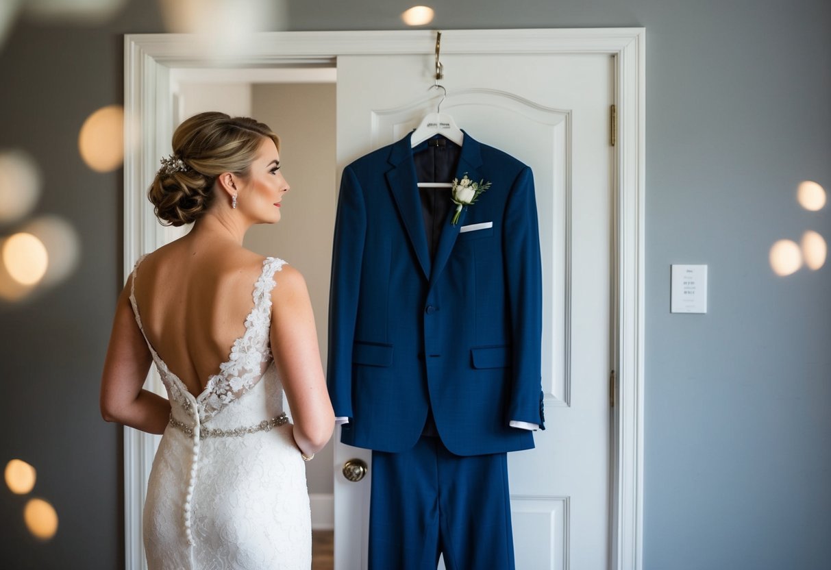 The bride stands in front of the groom's suit, hanging on a hanger, as she contemplates whether it's okay to see it before the wedding