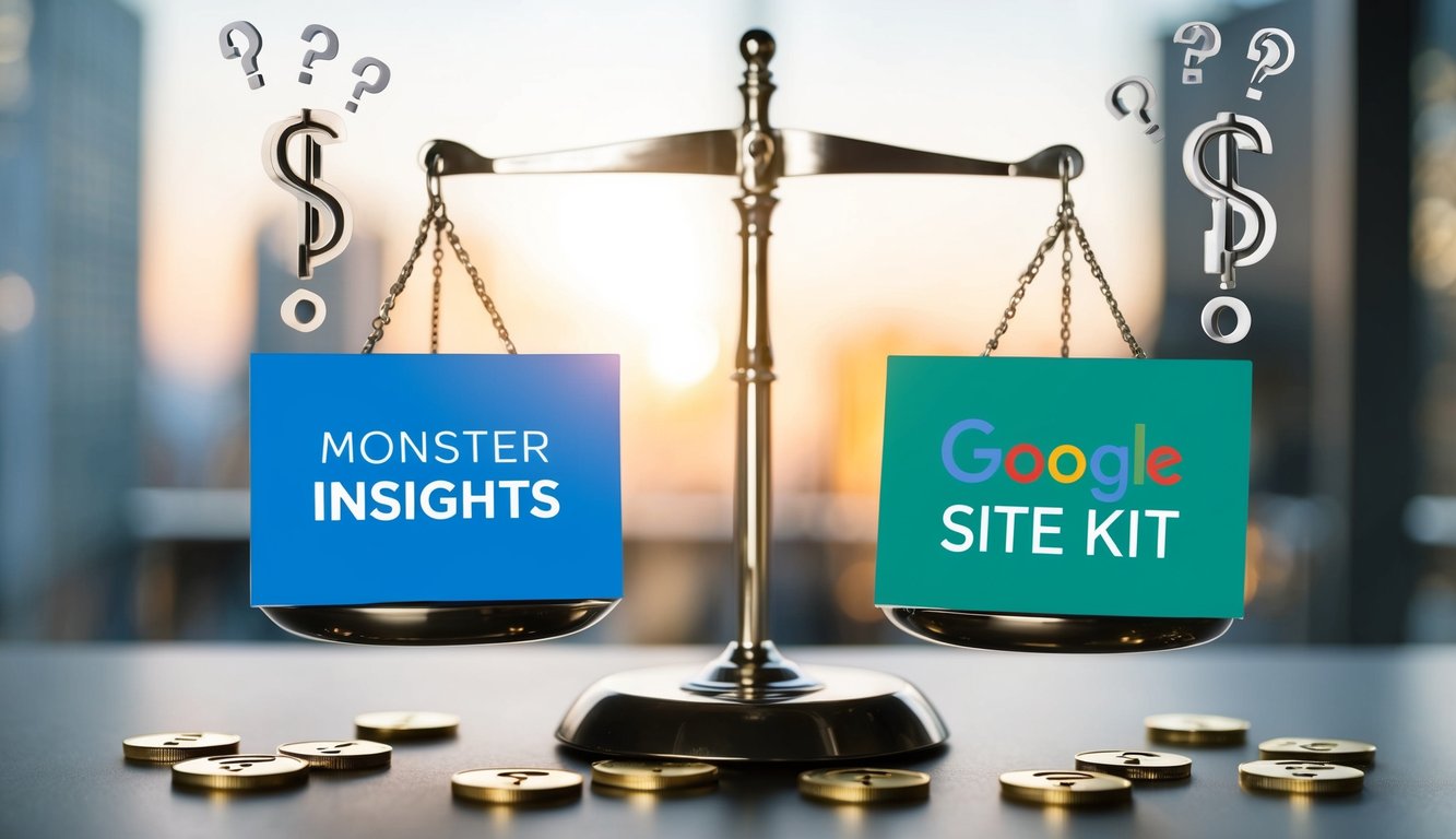 A scale with "monsterinsights" on one side and "google site kit" on the other, surrounded by dollar signs and question marks