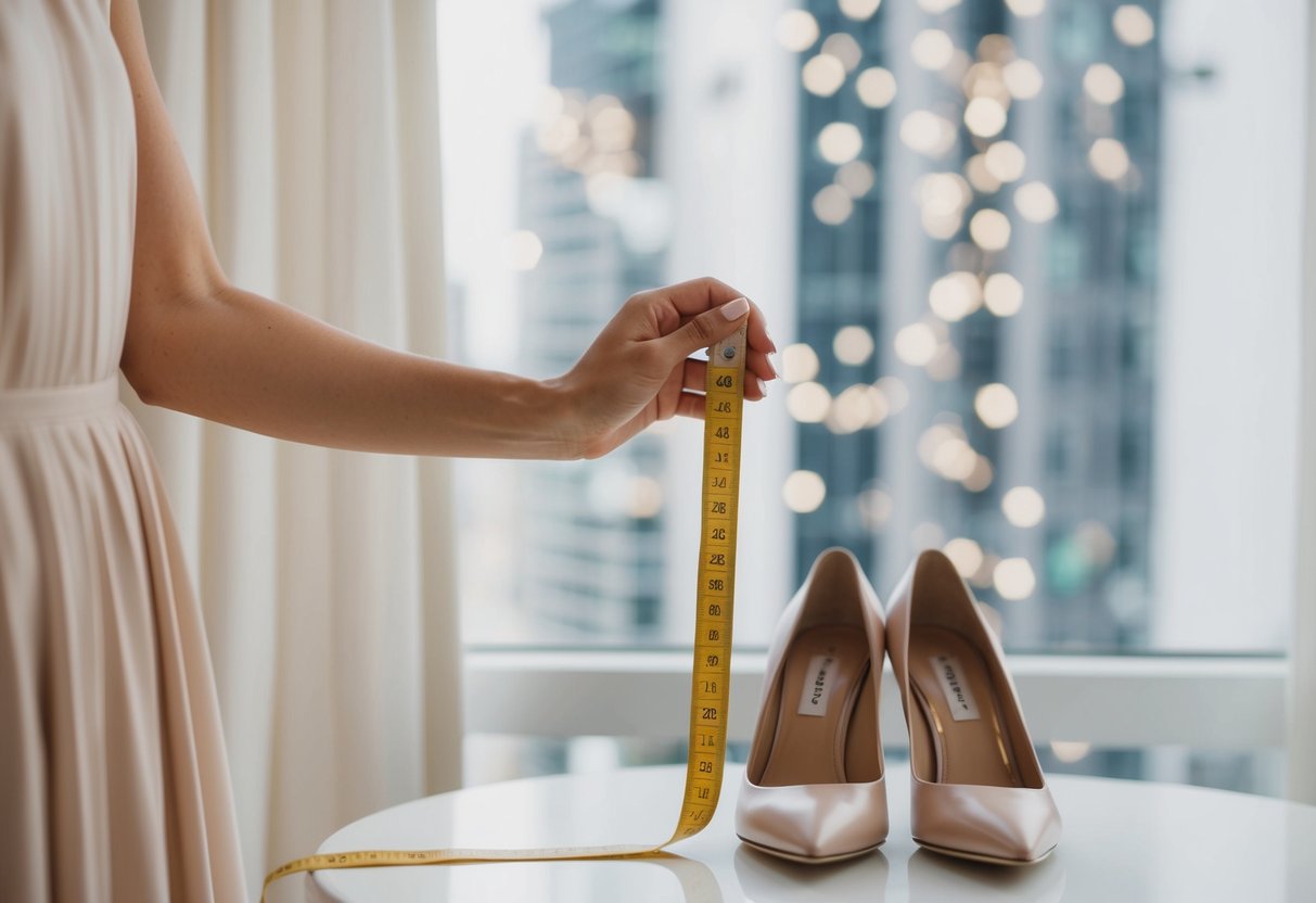 A woman's hand holding a measuring tape against a flowing dress, with a pair of elegant heels nearby