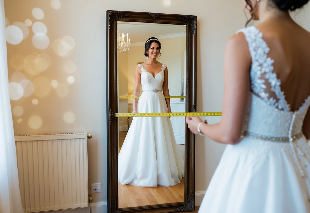A bride standing in front of a mirror, holding a measuring tape against the floor to determine the desired length of her wedding gown