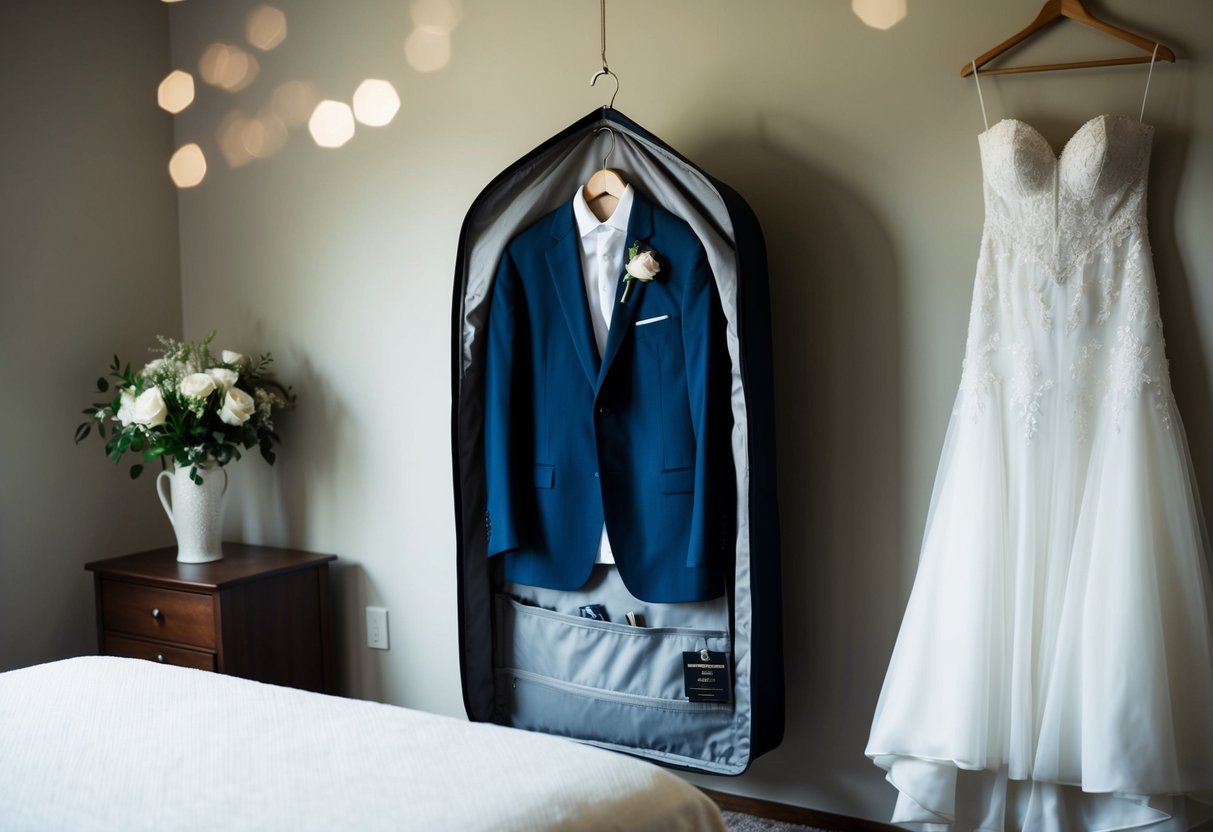 A neatly hung groom's suit inside a garment bag, placed on a bed or chair, with the bride's wedding dress hanging nearby