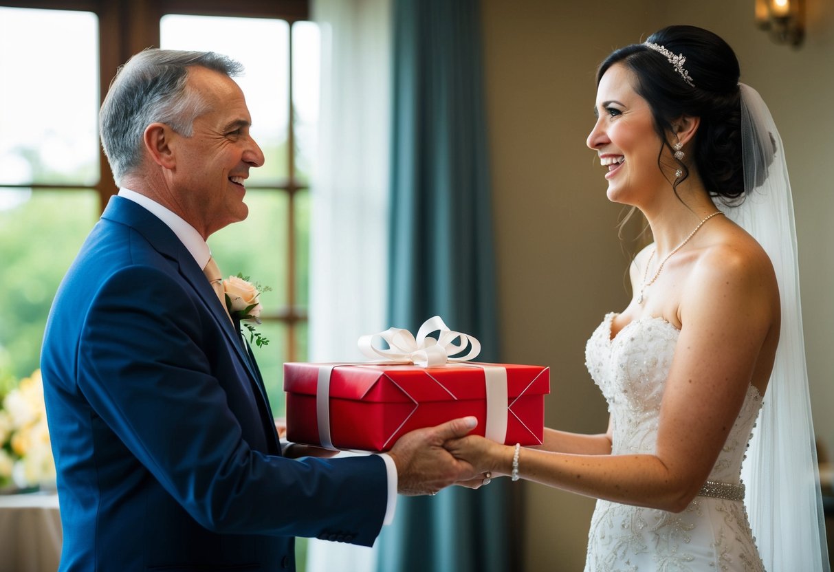 The father of the bride presents a carefully wrapped gift to a beaming bride on her wedding day
