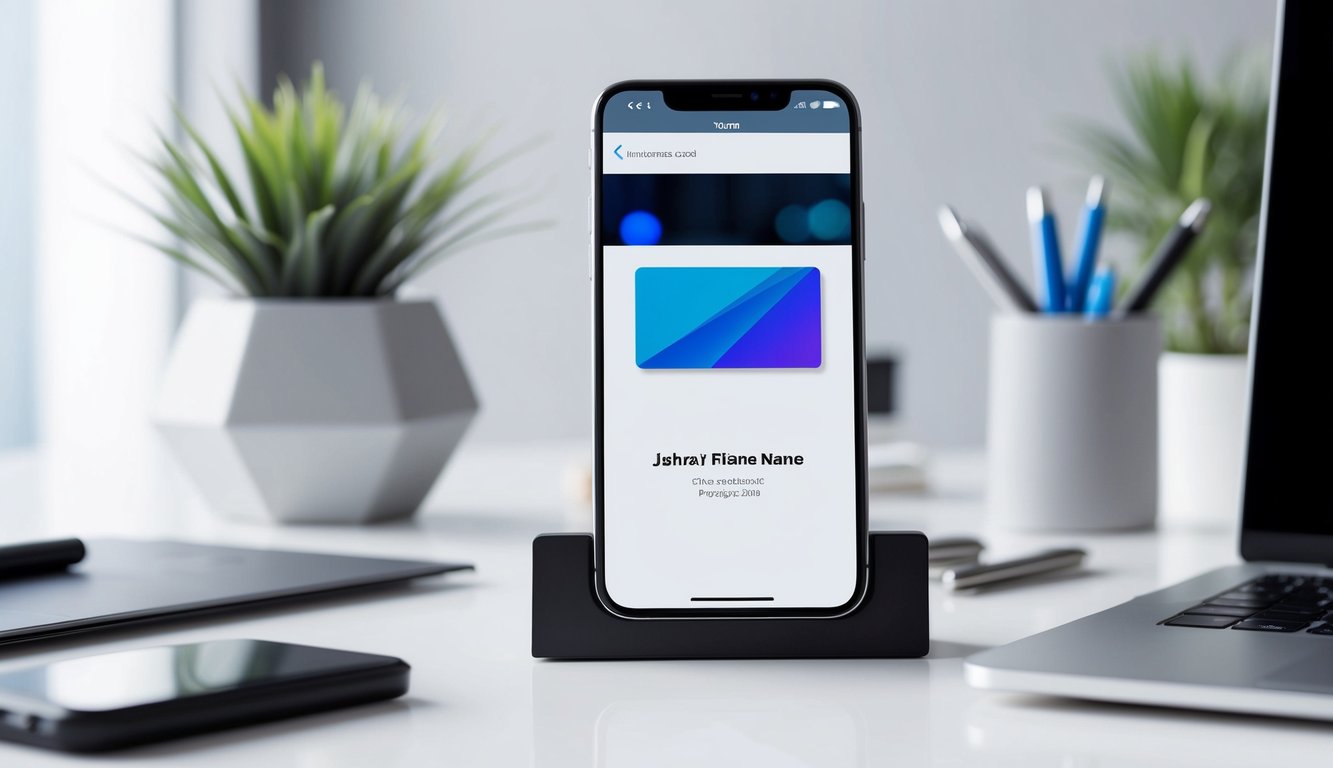 A smartphone displaying a sleek digital business card, surrounded by modern office supplies and a clean, minimalist desk