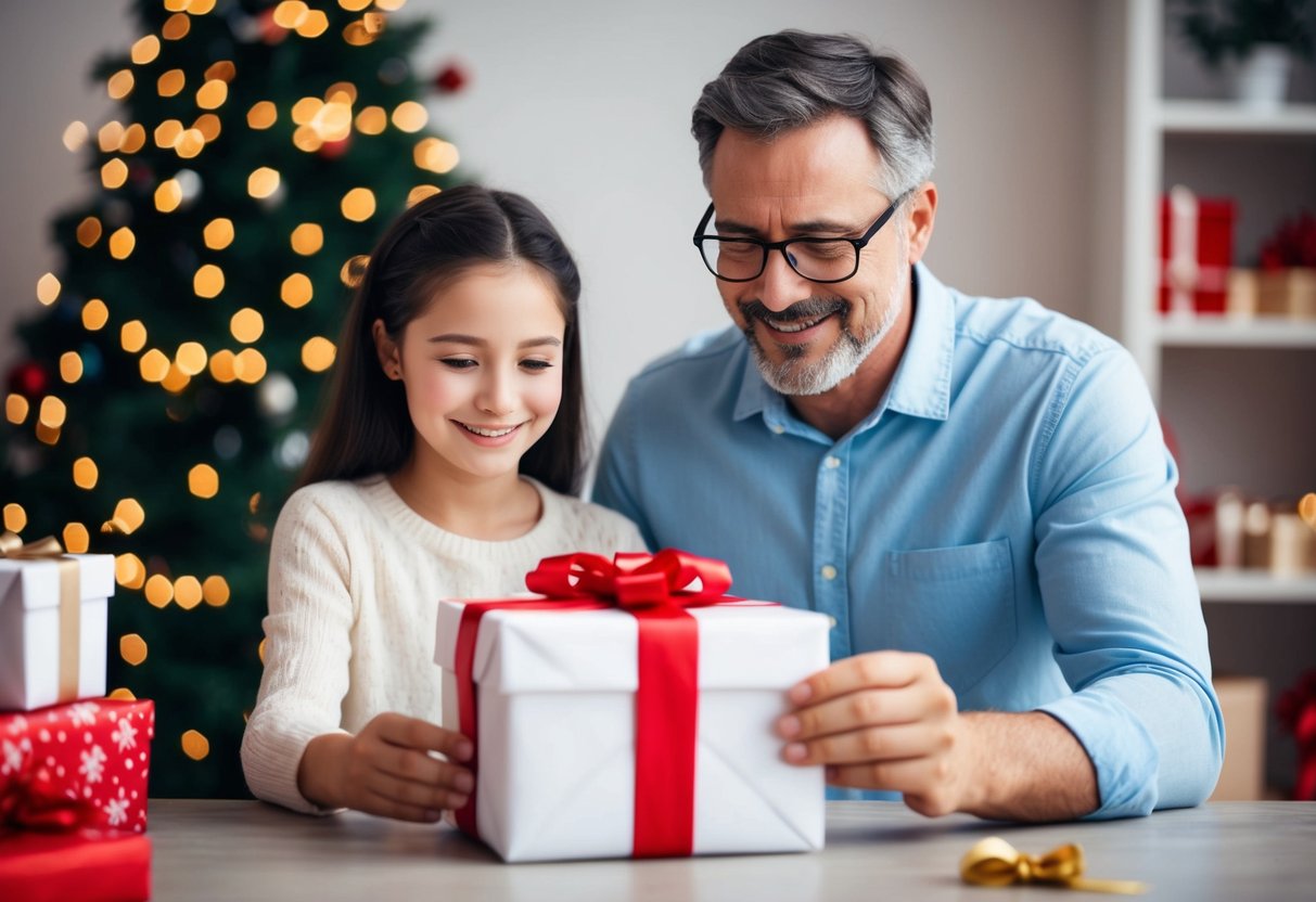 A father presents a wrapped box and a heartfelt letter to his daughter, symbolizing tangible and intangible gifts