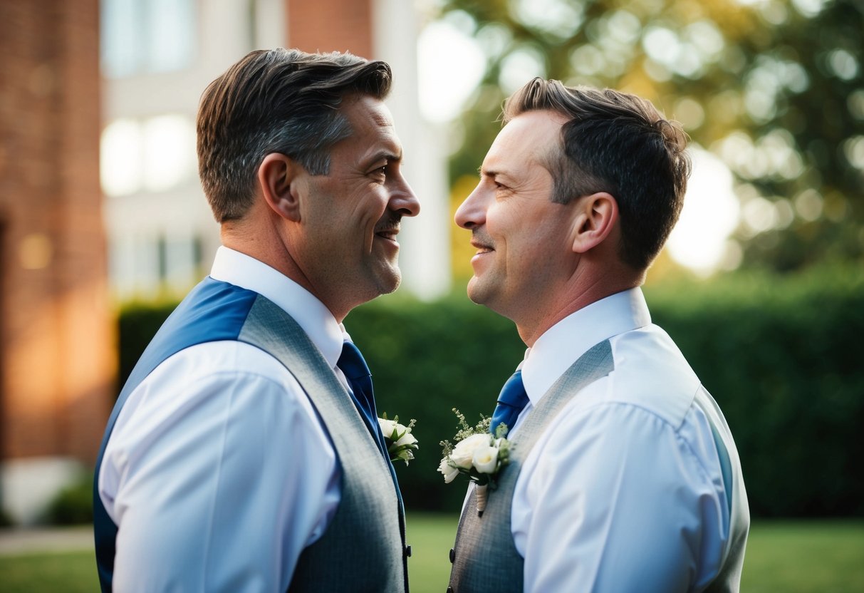 A father and groom stand facing each other, with anticipation and emotion evident in their expressions