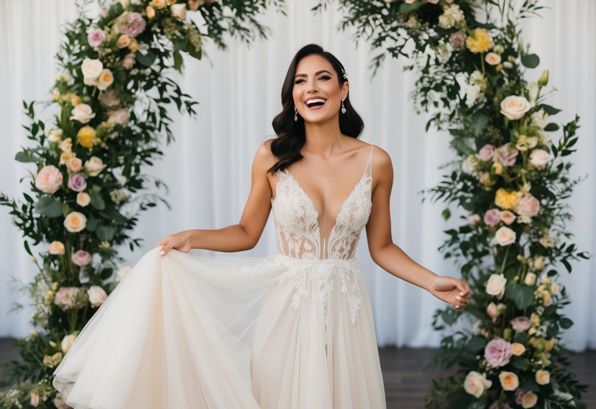 A woman in a flowing gown, surrounded by floral arrangements and wedding decor, with a joyful expression on her face